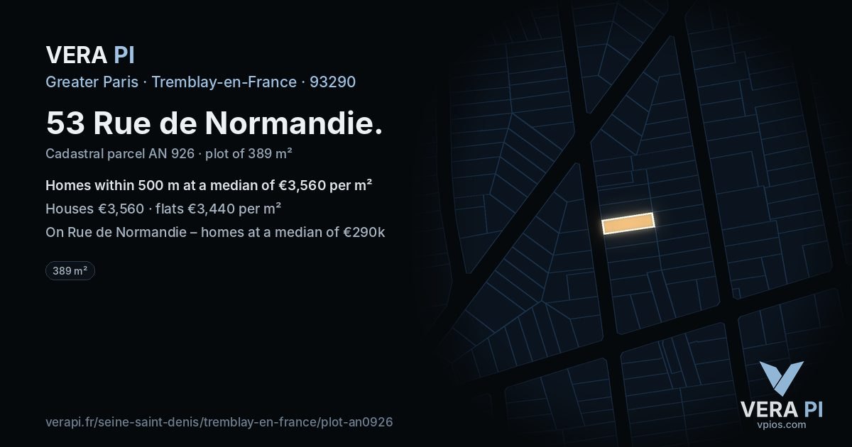 53 Rue de Normandie, Tremblay-en-France at night – the plot lit, the parcels around coloured by the prices near them