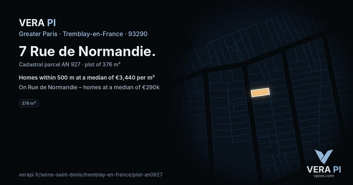 7 Rue de Normandie, Tremblay-en-France at night – the plot lit, the parcels around coloured by the prices near them