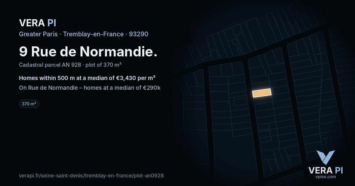 9 Rue de Normandie, Tremblay-en-France at night – the plot lit, the parcels around coloured by the prices near them