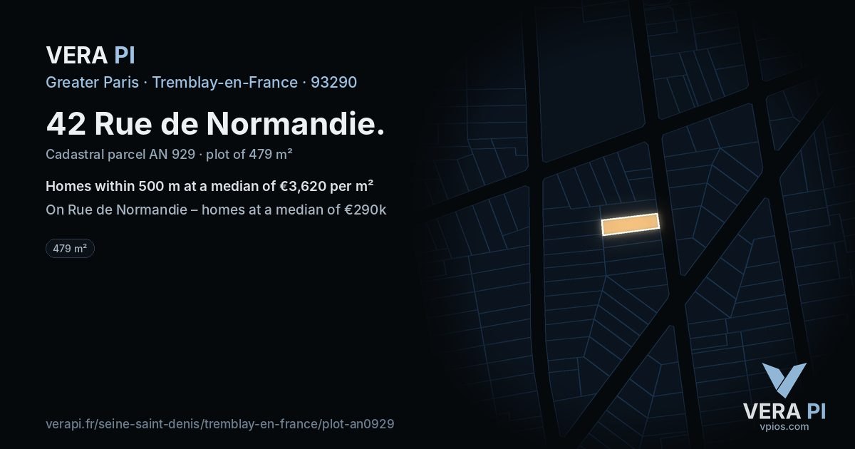 42 Rue de Normandie, Tremblay-en-France at night – the plot lit, the parcels around coloured by the prices near them