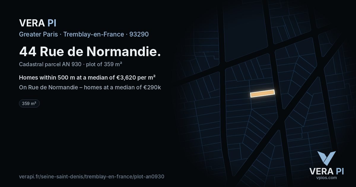 44 Rue de Normandie, Tremblay-en-France at night – the plot lit, the parcels around coloured by the prices near them