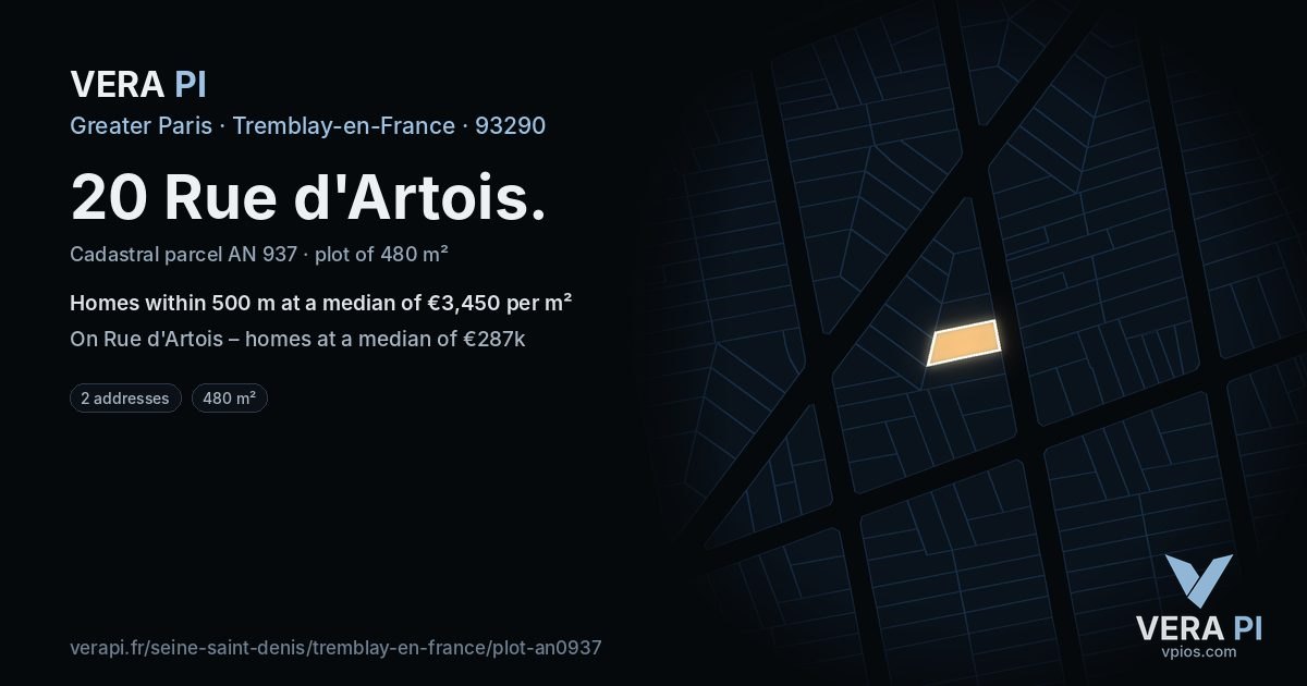 20 Rue d'Artois, Tremblay-en-France at night – the plot lit, the parcels around coloured by the prices near them