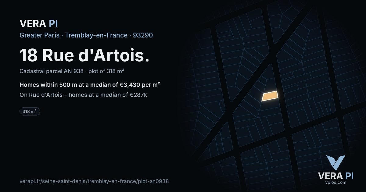 18 Rue d'Artois, Tremblay-en-France at night – the plot lit, the parcels around coloured by the prices near them