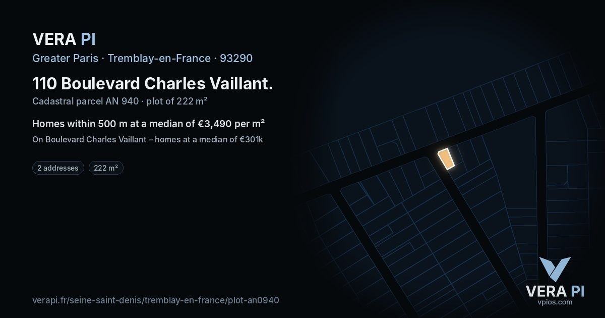 110 Boulevard Charles Vaillant, Tremblay-en-France at night – the plot lit, the parcels around coloured by the prices near them