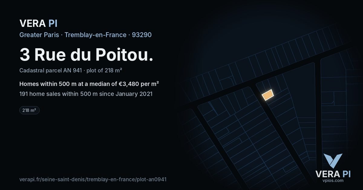 3 Rue du Poitou, Tremblay-en-France at night – the plot lit, the parcels around coloured by the prices near them