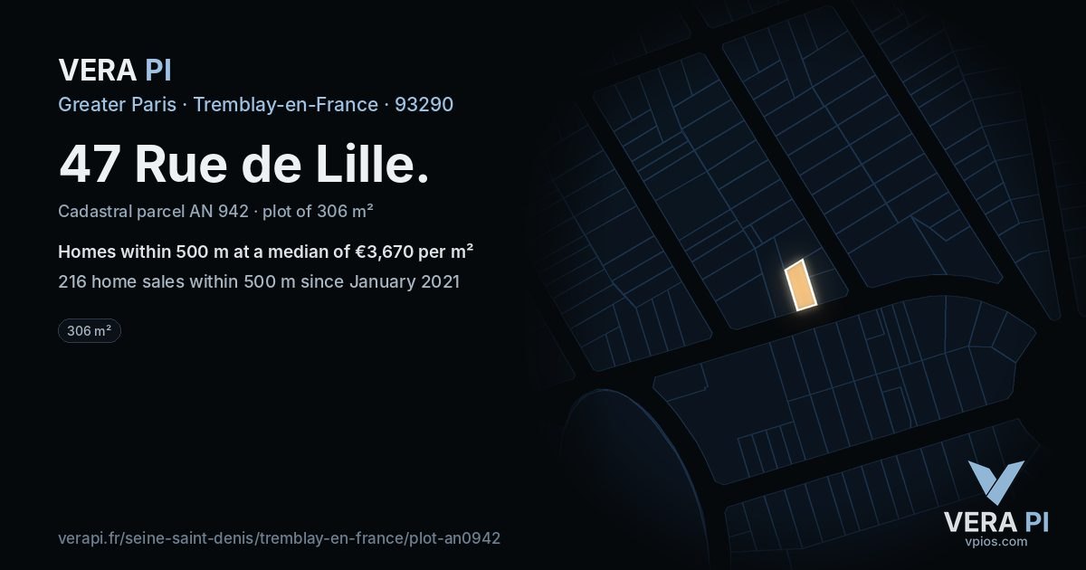 47 Rue de Lille, Tremblay-en-France at night – the plot lit, the parcels around coloured by the prices near them