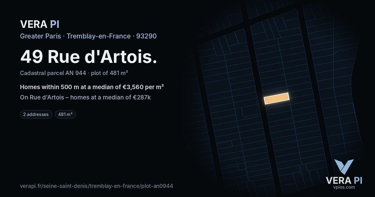 49 Rue d'Artois, Tremblay-en-France at night – the plot lit, the parcels around coloured by the prices near them
