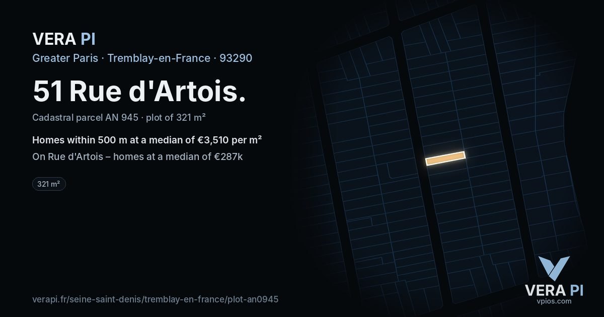 51 Rue d'Artois, Tremblay-en-France at night – the plot lit, the parcels around coloured by the prices near them
