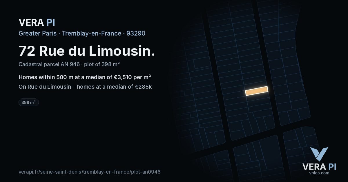 72 Rue du Limousin, Tremblay-en-France at night – the plot lit, the parcels around coloured by the prices near them