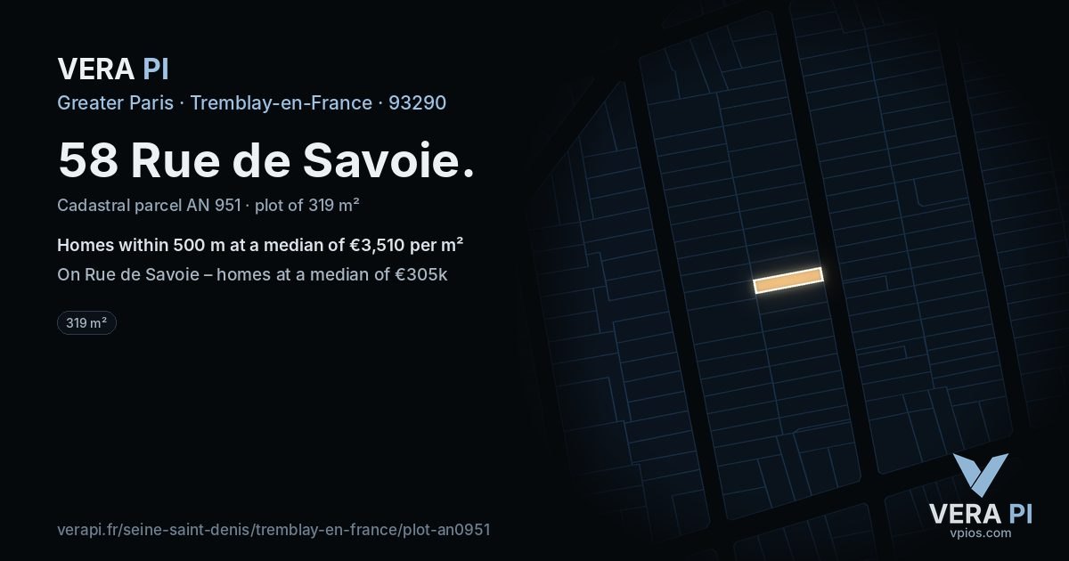 58 Rue de Savoie, Tremblay-en-France at night – the plot lit, the parcels around coloured by the prices near them