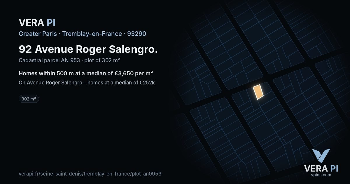 92 Avenue Roger Salengro, Tremblay-en-France at night – the plot lit, the parcels around coloured by the prices near them