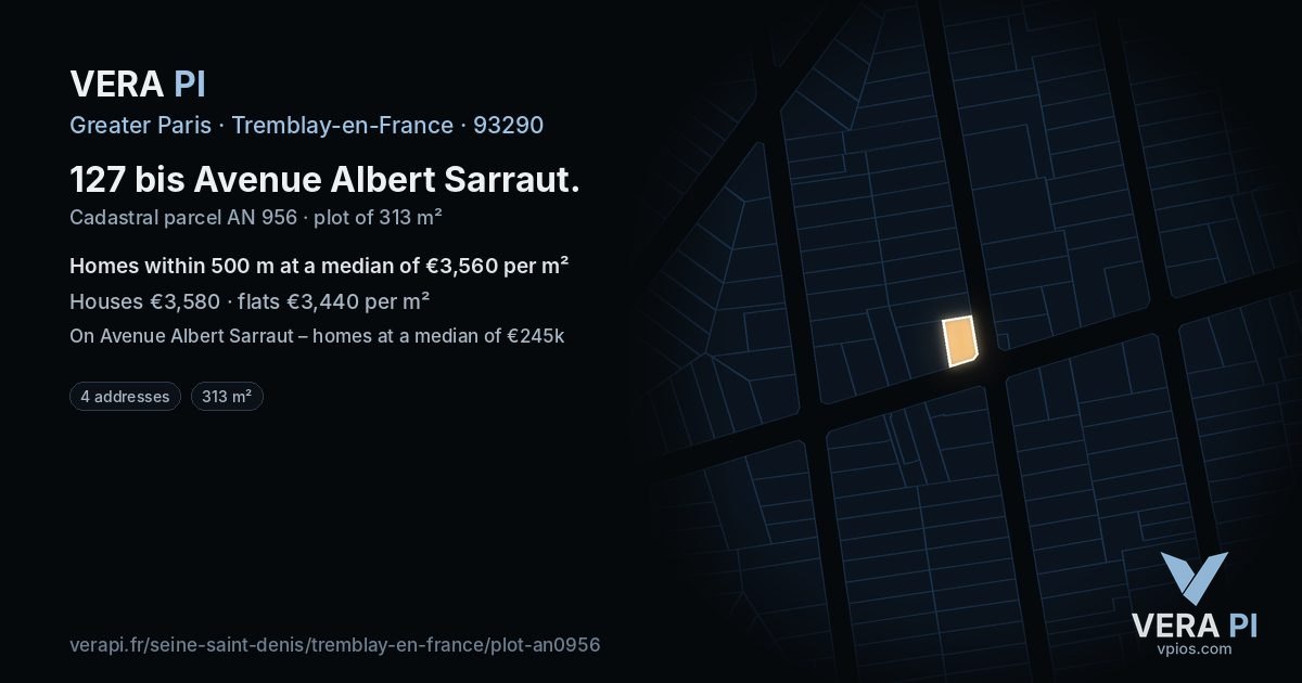 127 bis Avenue Albert Sarraut, Tremblay-en-France at night – the plot lit, the parcels around coloured by the prices near them