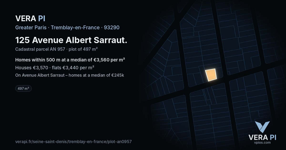 125 Avenue Albert Sarraut, Tremblay-en-France at night – the plot lit, the parcels around coloured by the prices near them