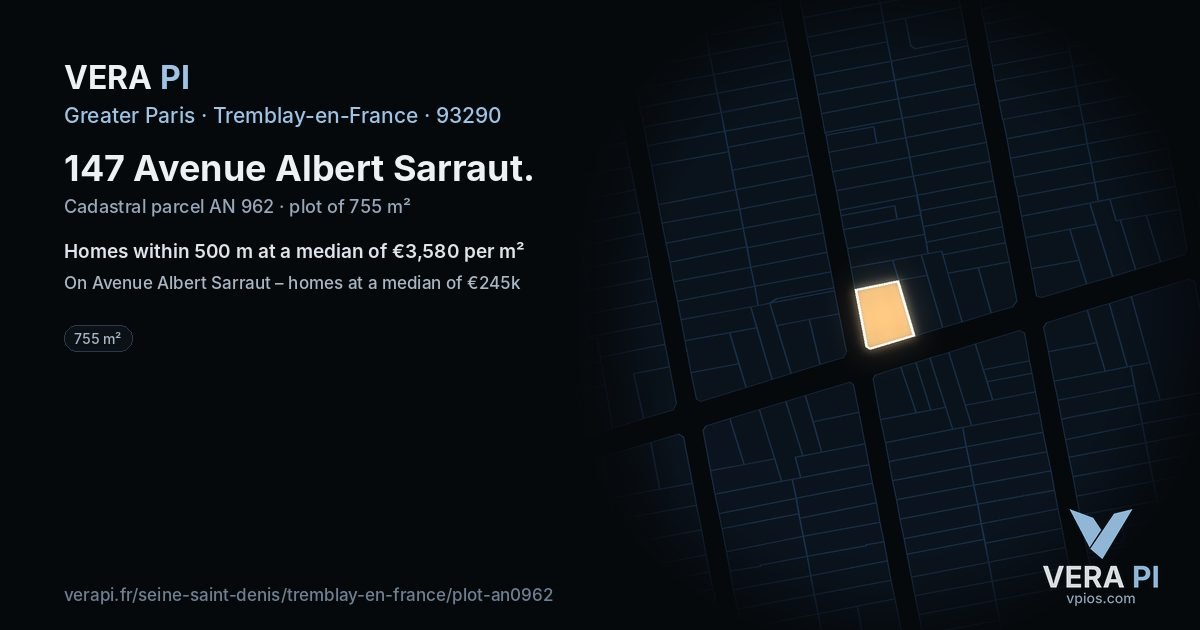 147 Avenue Albert Sarraut, Tremblay-en-France at night – the plot lit, the parcels around coloured by the prices near them