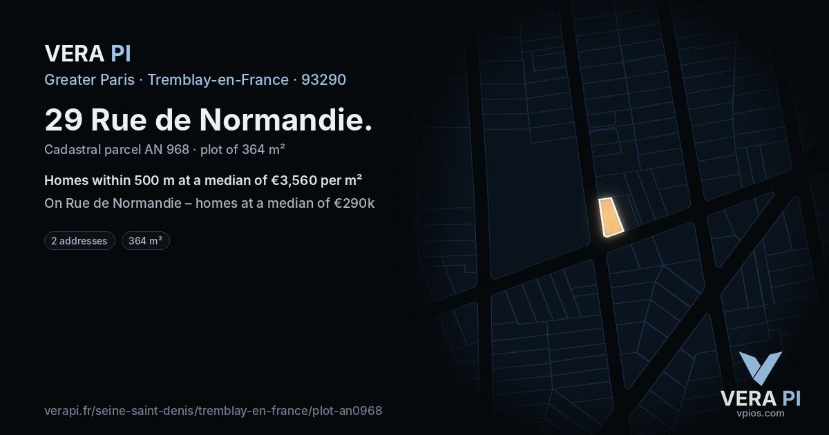 29 Rue de Normandie, Tremblay-en-France at night – the plot lit, the parcels around coloured by the prices near them