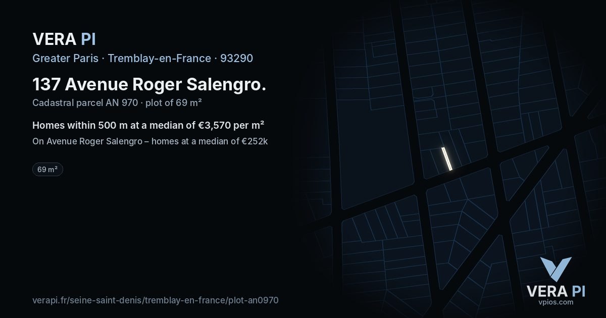 137 Avenue Roger Salengro, Tremblay-en-France at night – the plot lit, the parcels around coloured by the prices near them