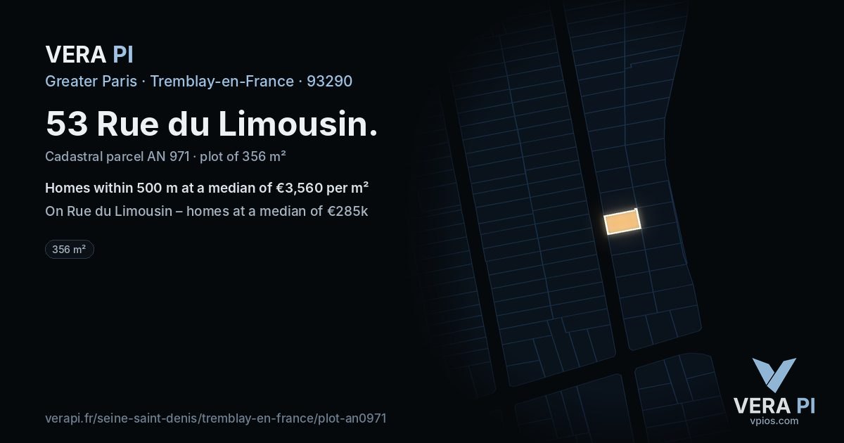 53 Rue du Limousin, Tremblay-en-France at night – the plot lit, the parcels around coloured by the prices near them