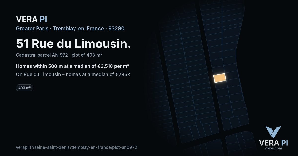 51 Rue du Limousin, Tremblay-en-France at night – the plot lit, the parcels around coloured by the prices near them