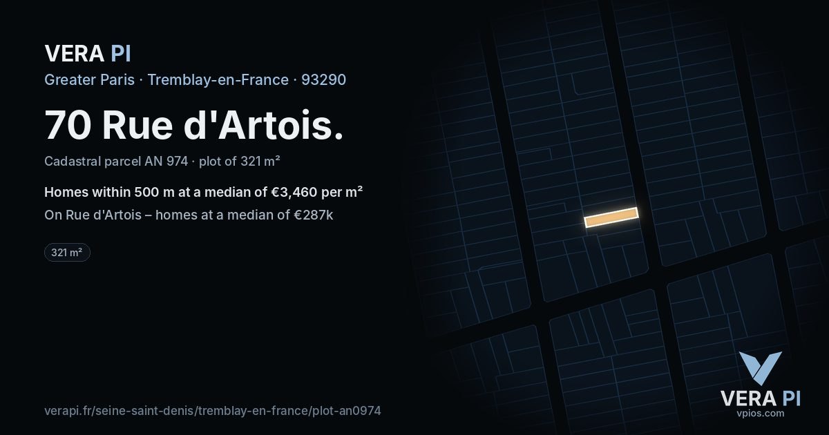 70 Rue d'Artois, Tremblay-en-France at night – the plot lit, the parcels around coloured by the prices near them