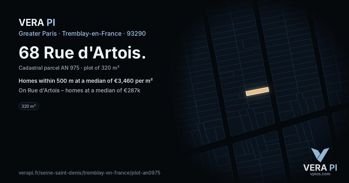 68 Rue d'Artois, Tremblay-en-France at night – the plot lit, the parcels around coloured by the prices near them