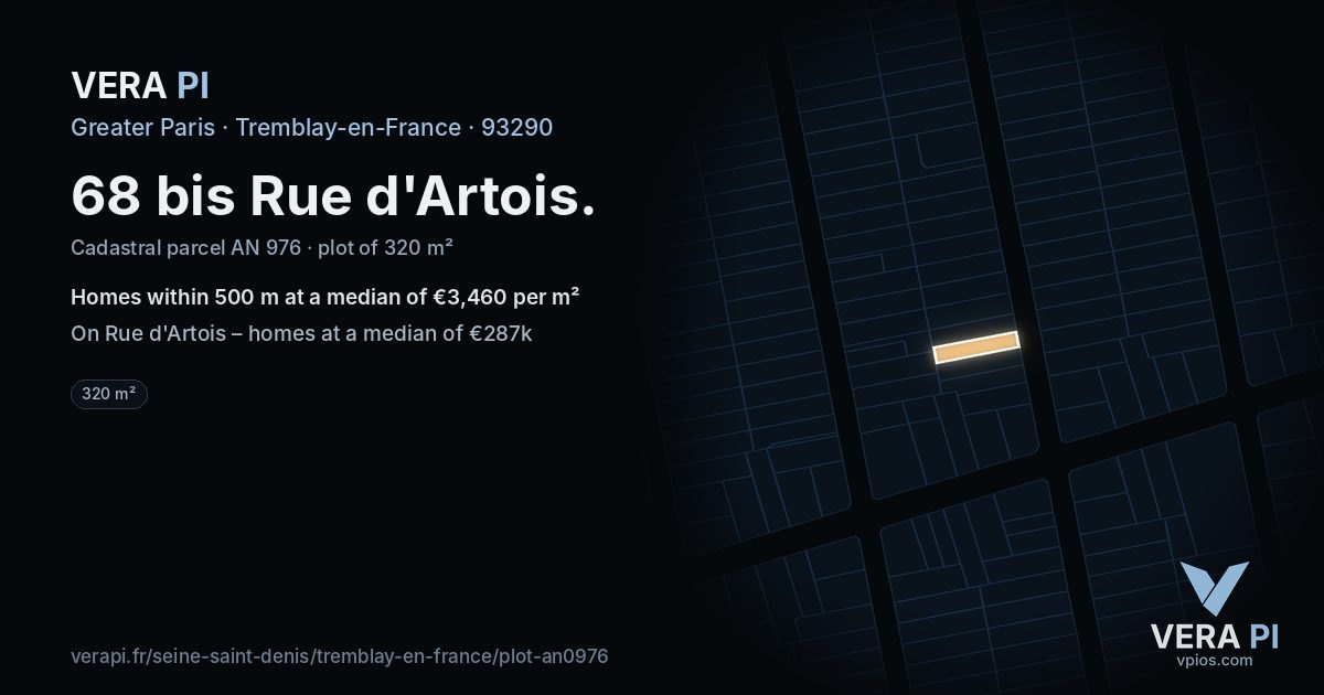 68 bis Rue d'Artois, Tremblay-en-France at night – the plot lit, the parcels around coloured by the prices near them