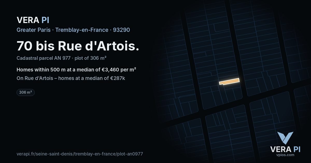 70 bis Rue d'Artois, Tremblay-en-France at night – the plot lit, the parcels around coloured by the prices near them