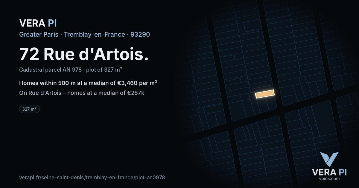72 Rue d'Artois, Tremblay-en-France at night – the plot lit, the parcels around coloured by the prices near them