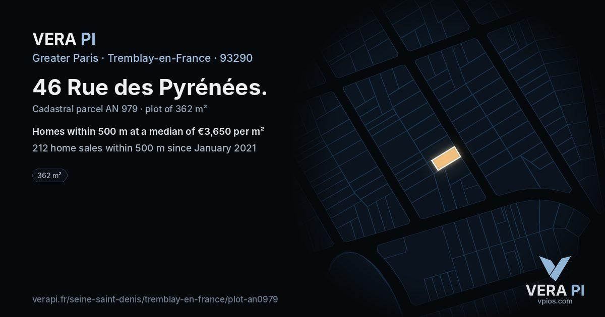 46 Rue des Pyrénées, Tremblay-en-France at night – the plot lit, the parcels around coloured by the prices near them