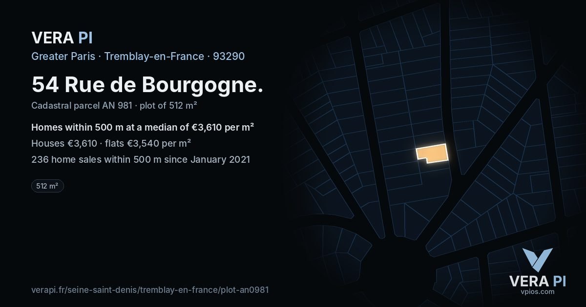54 Rue de Bourgogne, Tremblay-en-France at night – the plot lit, the parcels around coloured by the prices near them