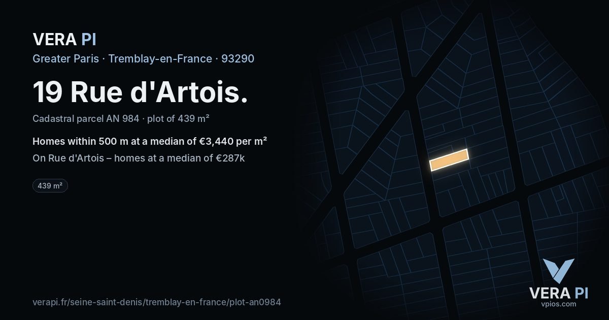 19 Rue d'Artois, Tremblay-en-France at night – the plot lit, the parcels around coloured by the prices near them