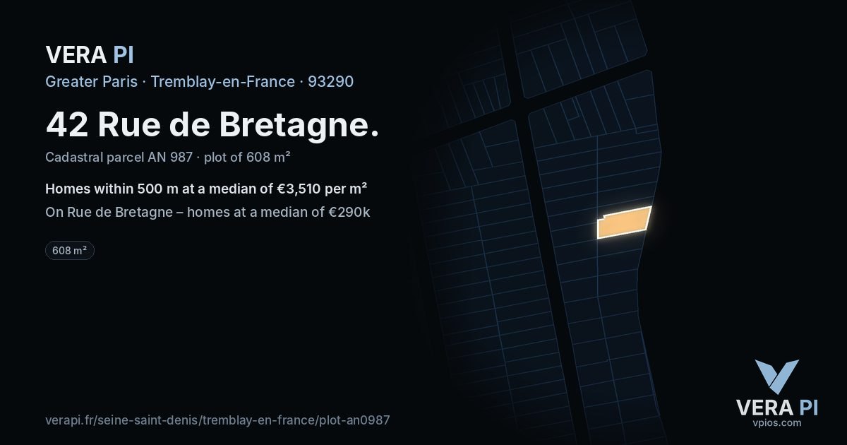 42 Rue de Bretagne, Tremblay-en-France at night – the plot lit, the parcels around coloured by the prices near them