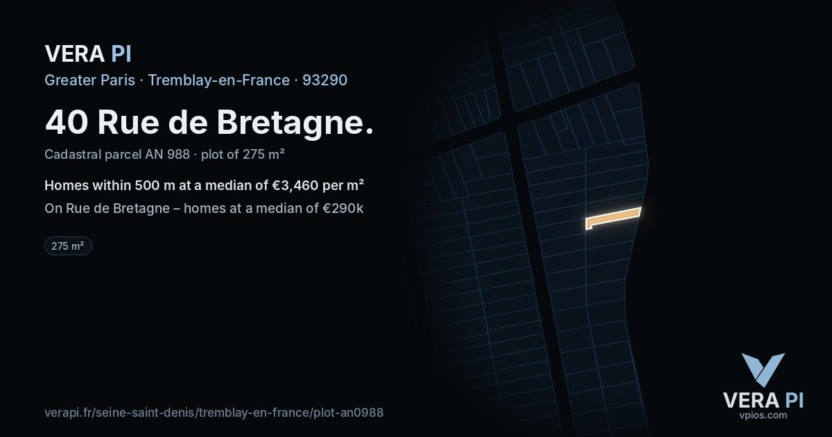 40 Rue de Bretagne, Tremblay-en-France at night – the plot lit, the parcels around coloured by the prices near them