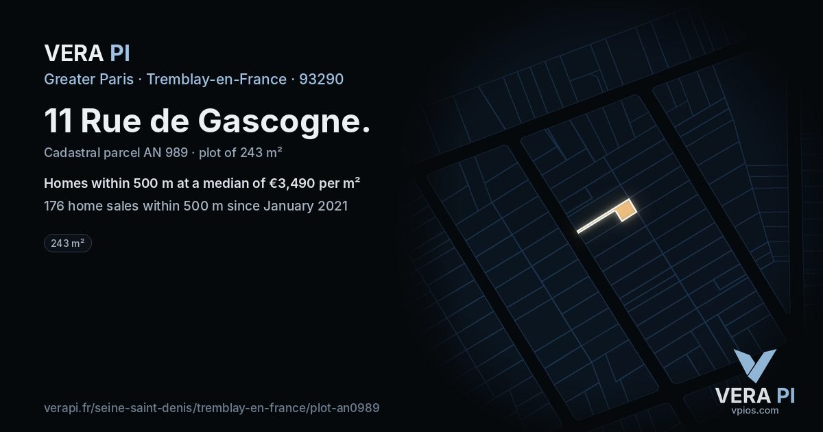 11 Rue de Gascogne, Tremblay-en-France at night – the plot lit, the parcels around coloured by the prices near them