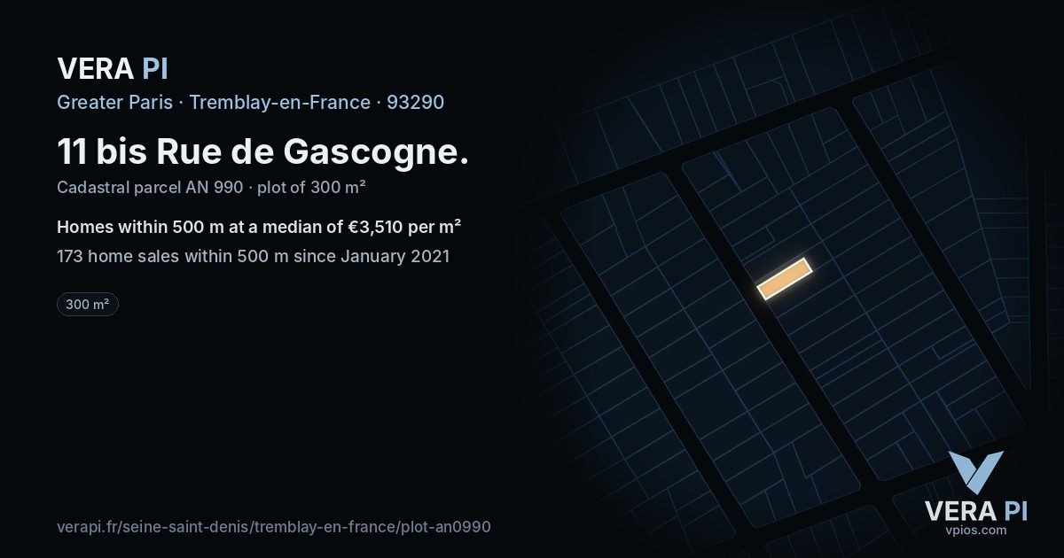 11 bis Rue de Gascogne, Tremblay-en-France at night – the plot lit, the parcels around coloured by the prices near them