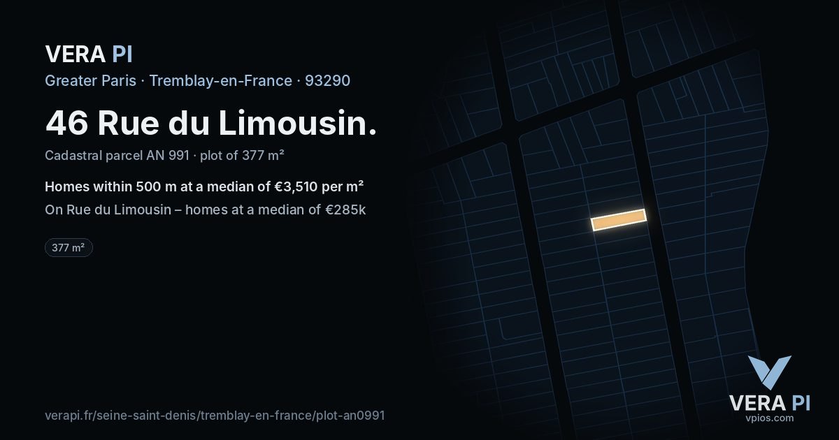 46 Rue du Limousin, Tremblay-en-France at night – the plot lit, the parcels around coloured by the prices near them