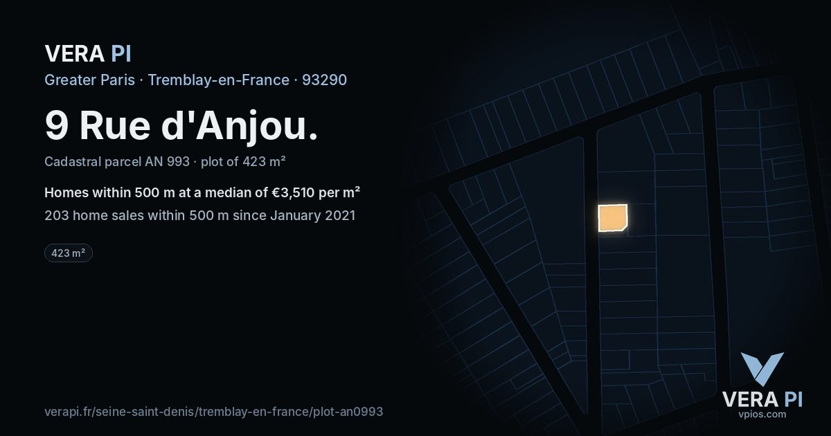 9 Rue d'Anjou, Tremblay-en-France at night – the plot lit, the parcels around coloured by the prices near them