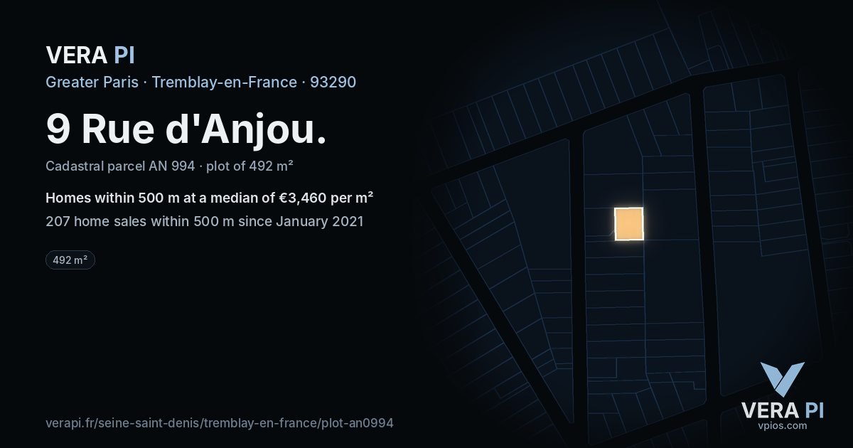 9 Rue d'Anjou, Tremblay-en-France at night – the plot lit, the parcels around coloured by the prices near them