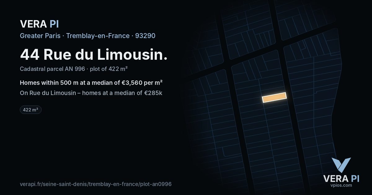44 Rue du Limousin, Tremblay-en-France at night – the plot lit, the parcels around coloured by the prices near them