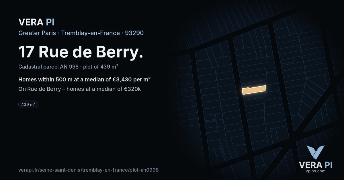 17 Rue de Berry, Tremblay-en-France at night – the plot lit, the parcels around coloured by the prices near them