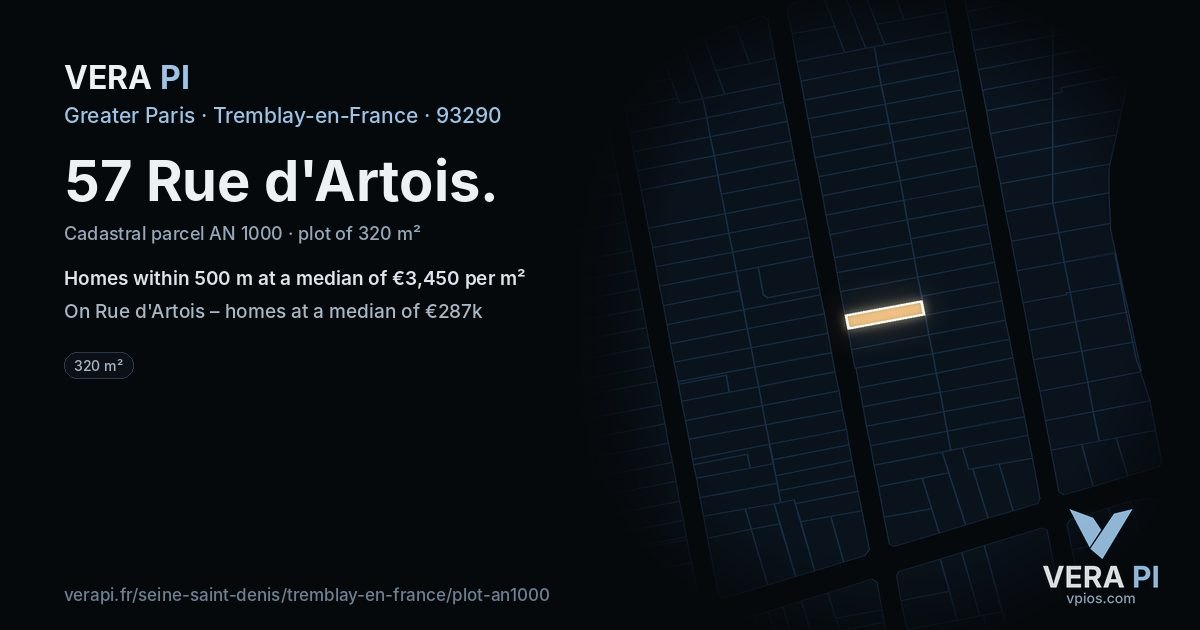 57 Rue d'Artois, Tremblay-en-France at night – the plot lit, the parcels around coloured by the prices near them