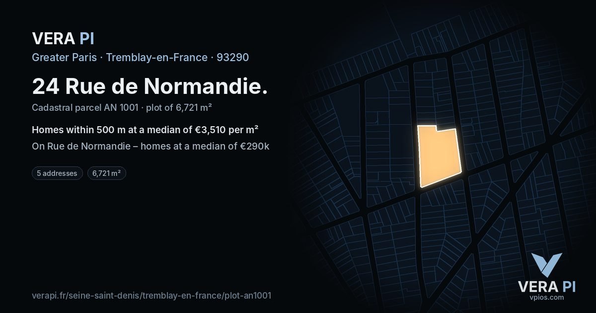 24 Rue de Normandie, Tremblay-en-France at night – the plot lit, the parcels around coloured by the prices near them