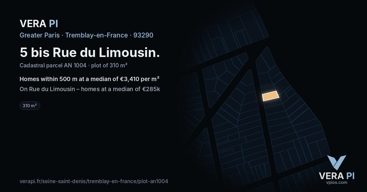 5 bis Rue du Limousin, Tremblay-en-France at night – the plot lit, the parcels around coloured by the prices near them