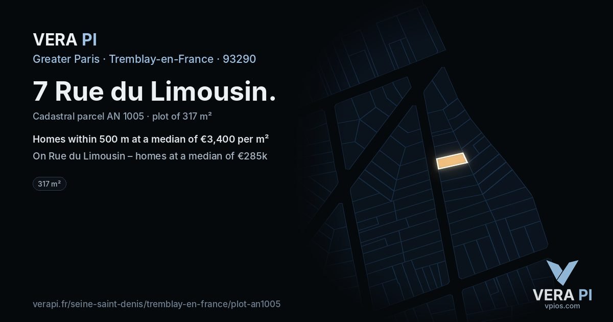 7 Rue du Limousin, Tremblay-en-France at night – the plot lit, the parcels around coloured by the prices near them