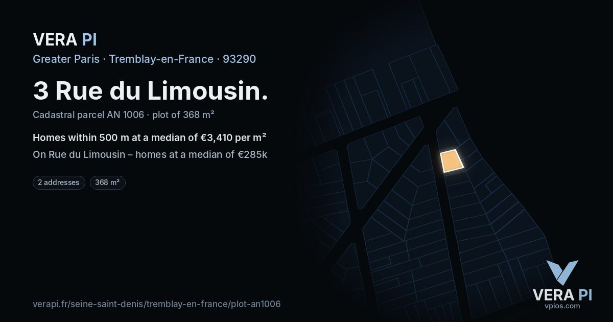 3 Rue du Limousin, Tremblay-en-France at night – the plot lit, the parcels around coloured by the prices near them