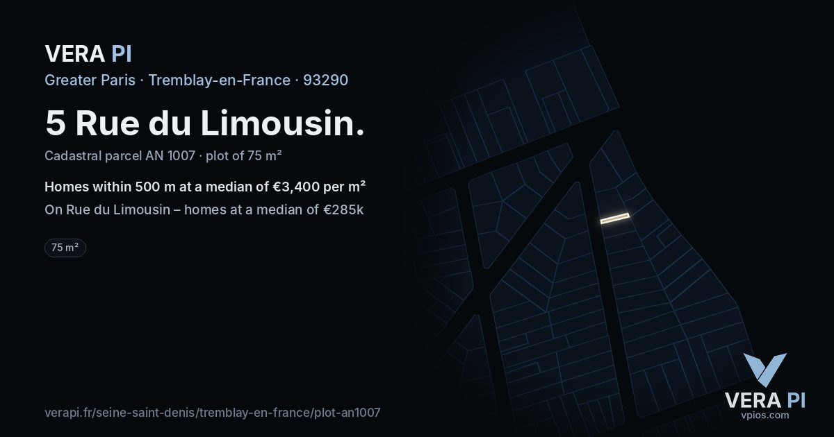 5 Rue du Limousin, Tremblay-en-France at night – the plot lit, the parcels around coloured by the prices near them