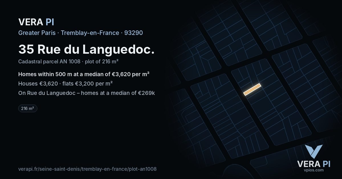 35 Rue du Languedoc, Tremblay-en-France at night – the plot lit, the parcels around coloured by the prices near them