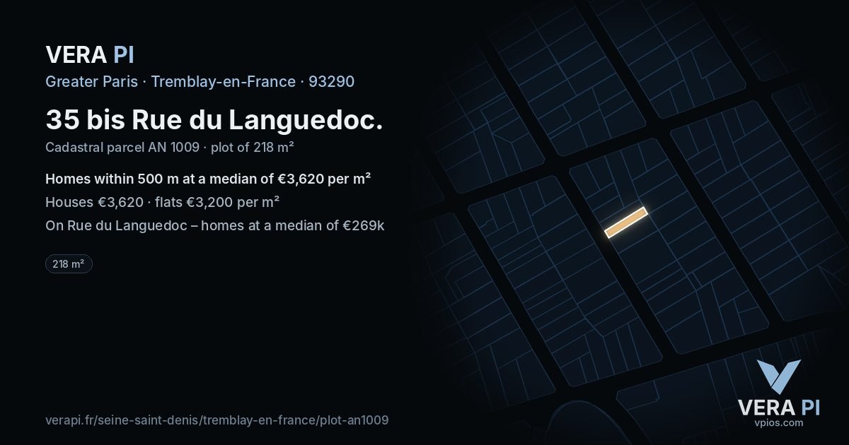 35 bis Rue du Languedoc, Tremblay-en-France at night – the plot lit, the parcels around coloured by the prices near them