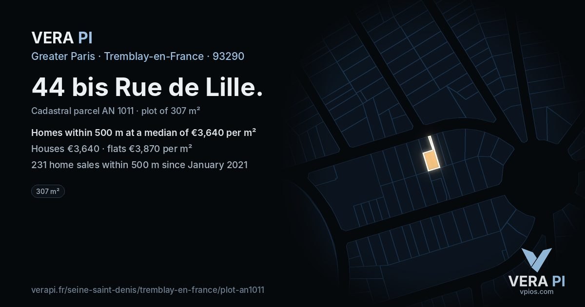 44 bis Rue de Lille, Tremblay-en-France at night – the plot lit, the parcels around coloured by the prices near them