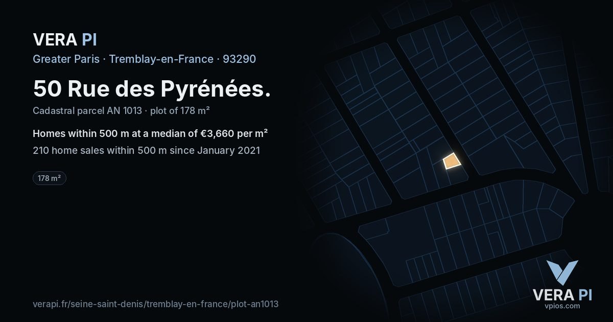 50 Rue des Pyrénées, Tremblay-en-France at night – the plot lit, the parcels around coloured by the prices near them