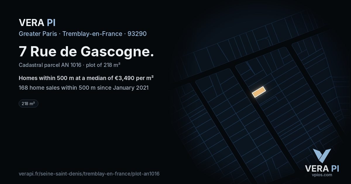 7 Rue de Gascogne, Tremblay-en-France at night – the plot lit, the parcels around coloured by the prices near them